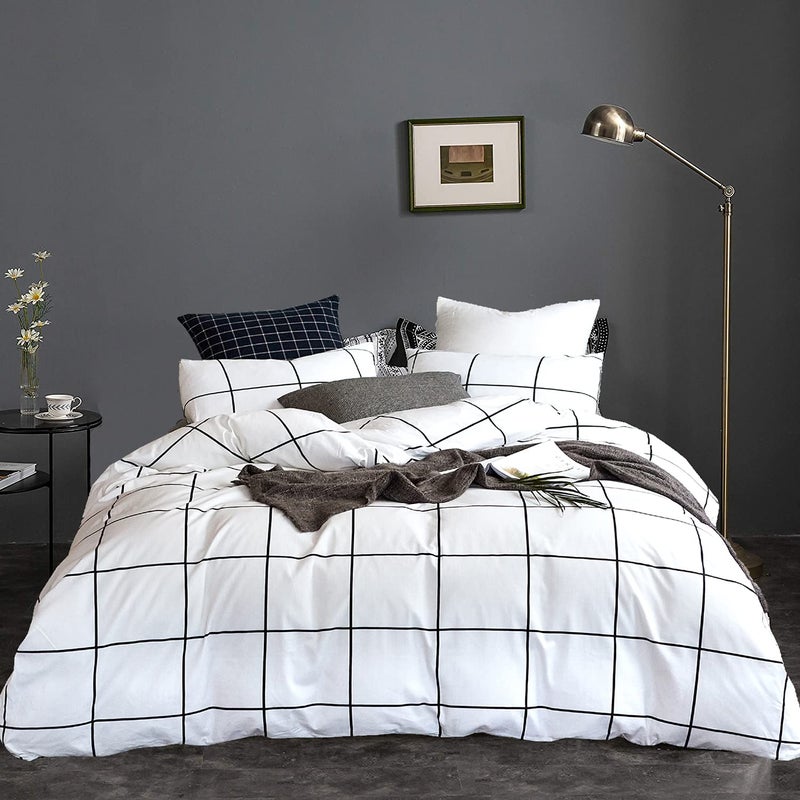 KAREVER White Grid Comforter Set Big Grid Queen Cotton White Black Plaid Printed Stripes Women Checkered Queen Comforters Bedding Set Bed Blanket Set White Plaid Comforter - Image 2